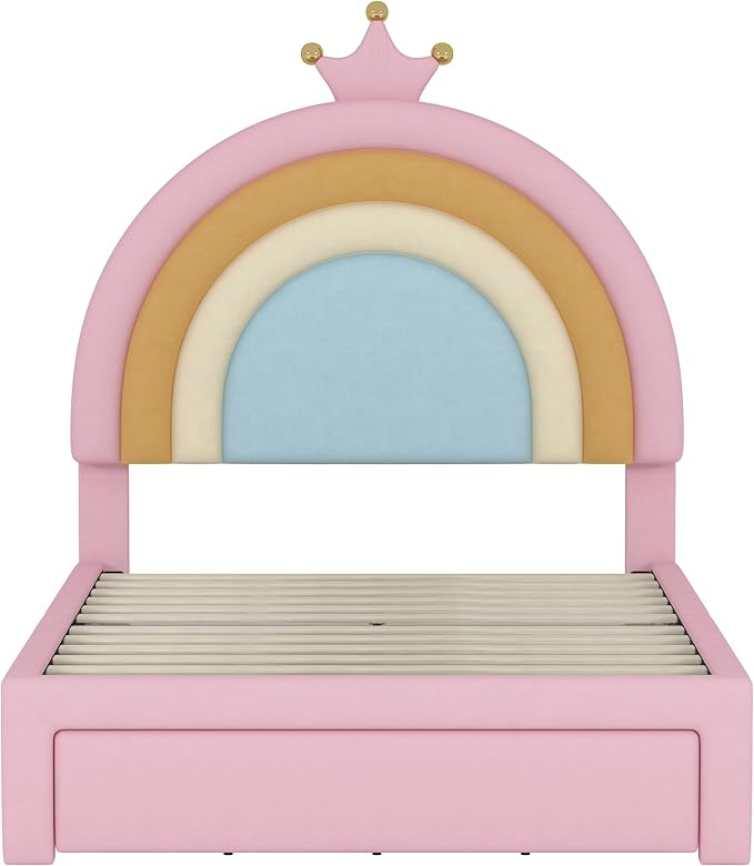 LUMISOL Princess Bed Frames for Kids,Twin Rainbow Bed Frame with Drawers, Upholstered Platform Bed, Velvet Bed for Girls, Fits Standard Twin Mattress, Pink