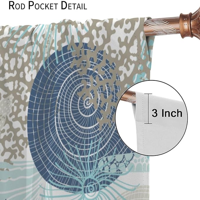 Shell Blackout Curtains Beach Shells Marine Life Water Grass Pattern Printed Curtains Suitable for Living Room Bedroom Privacy Curtains 72x63 Inches