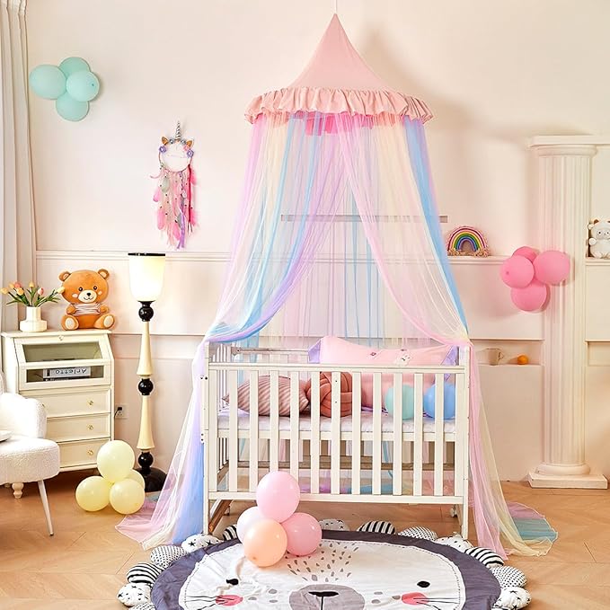 Kertnic Rainbow Bed Canopy for Girls Dreamy Mosquito Net for Bed Round Dome Princess Bed Canopy Girl Room Play Tent Kids Canopy Bed Netting Curtains (Single Layer- Pink)
