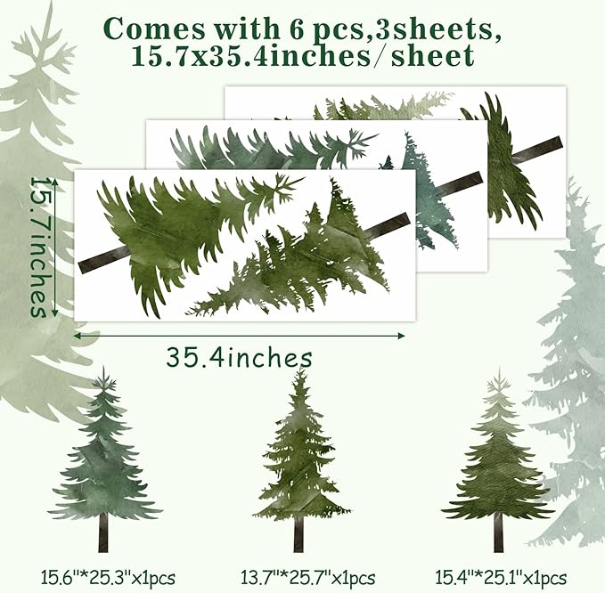 Watercolor Pine Tree Wall Stickers Large Tree Wall Decals Peel and Stick Green Trees Decals Christmas Trees Sticker Woodland Forest Trees Sticker for Nursery Bedroom Kids Room Decor