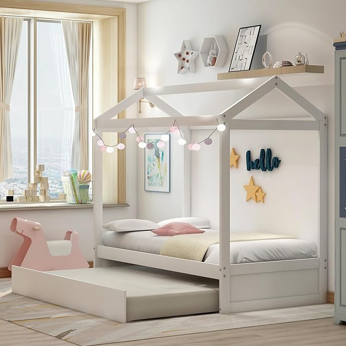 Twin Size House Bed with Trundle and Roof,can be Decorated,Bedroom Wood Platform Bed Frame W/ No Box Spring Required,Easy to Assemble,Save Space,for Kids Teens Girls Boys,Gray
