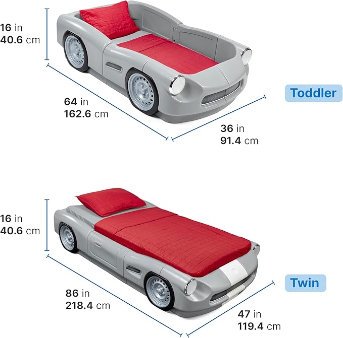Step2 Roadster Toddler-to-Twin Bed, Transition Race Car Bed for Boys & Girls, Adjustable, Made of Durable Plastic, For Toddlers 3+ Years Old, Gray