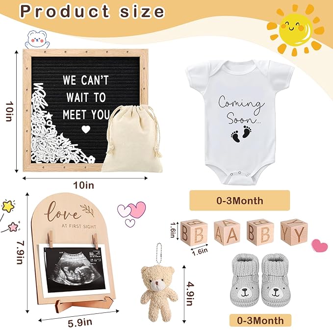 9 Pcs Pregnancy Announcements Set, Include Felt Letter Board Sign with Baby Bodysuit Shoes and Wooden Sign Surprise Announcement for Grandparents Partner Gift Family Reveal