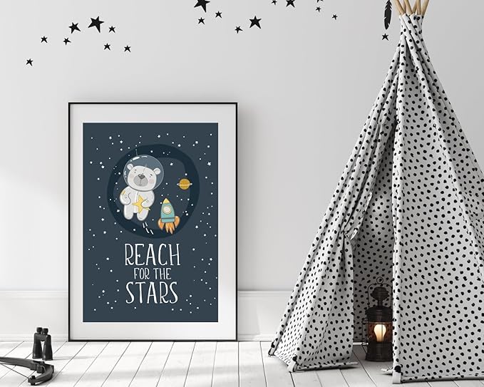 VUVUKU Space Nursery Print Themed Baby Boy Room Decor Outer Kids Wall Art Reach For The Stars Playroom Poster Toddler Sign