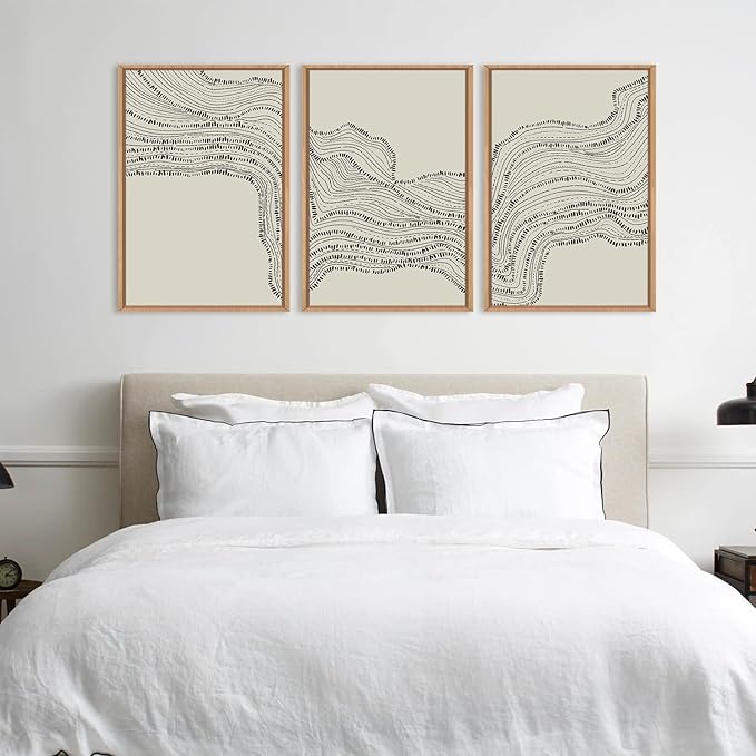 HLNIUC Neutral Abstract Framed Canvas Wall Art Set, Black Beige Wave Line Wall Decor, Large Minimalist Painting, Modern Geometric Art Print for Living Room, Bedroom, Dinning Room, Office - 16"x24"x3