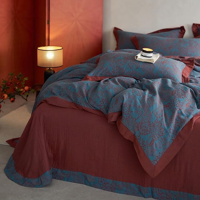 Vintage Blue Floral Duvet Cover Twin XL Size Forest Theme Jacquard Bedding Set Linen Cotton Yarn-Dyed Textured Duvet Cover Burgundy Reversible Tree Leaves Botanical Duvet Cover with Zipper Closure