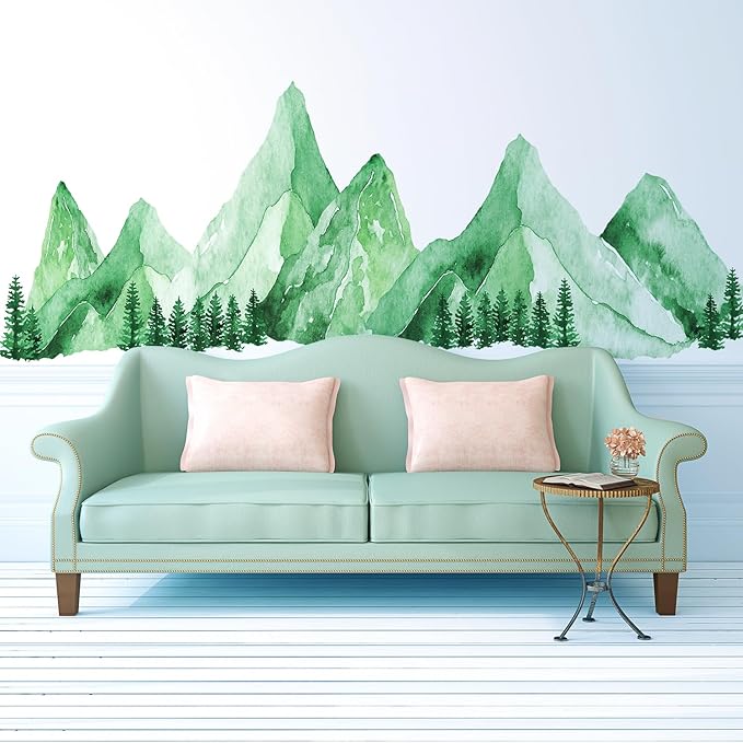Large Mountain Wall Decals, Teal Green Pine Tree Peel and Stick Vinyl Wall Stickers & Murals, Removable Home Room Wall Decor for Bedroom Living Room Bedroom Classroom Office Nursery