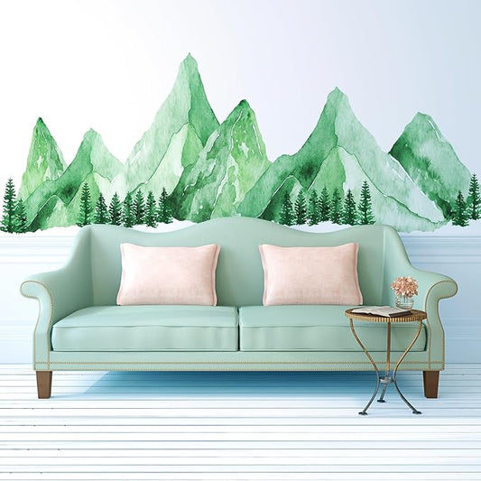 Large Mountain Wall Decals, Teal Green Pine Tree Peel and Stick Vinyl Wall Stickers & Murals, Removable Home Room Wall Decor for Bedroom Living Room Bedroom Classroom Office Nursery