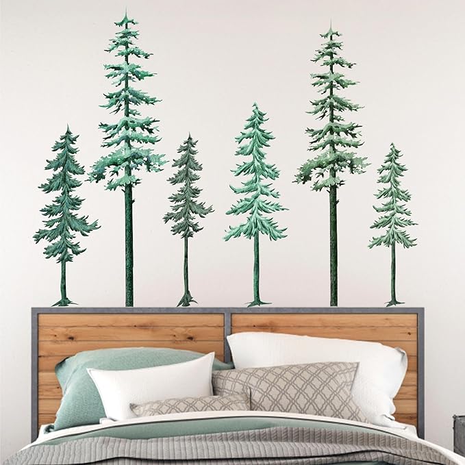 Large Pine Tree Wall Decal Big Pine Trees Wall Stickers Watercolor Green Tree Wall Sticker Winter Forest Plants Wall Decals Xmas Woodland Trees Stickers for Bedroom Nursery Living Room
