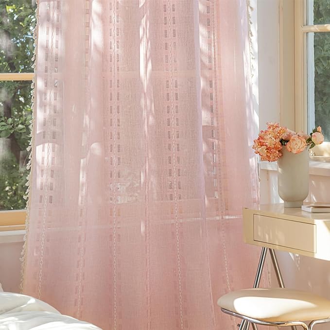 Deeprove Blush Pink Boho Curtain 63 inches Length for Living Room Girl Bedroom Nursery, Retro Casual Bohemian Sheer 63 inches Long Stripe Embroidery Privacy Window Tassel Decor W52 x L63, 1 Panel