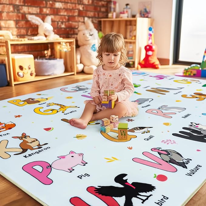Kids Rugs for Playroom, 7x9 Feet Educational Rug for Learn The ABC Alphabet, Soft Machine Washable Non-Slip Cute Cartoon Animals Carpet for Classroom Toddler Nursery Kids Room Decor, Blue