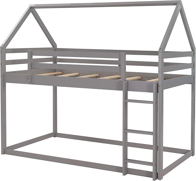 MERITLINE House Shaped Bunk Bed Twin Over Twin Size Wood Bunk Bed Frame Low Bunk Beds for Kids and Toddlers, Twin Size,Grey