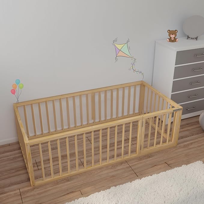 Montessori Floor Bed with Door On The Right Side for Toddler | Pine Wood Natural Solid Frame Beds | Sturdy Modern Design Floor Bed Frame for Boy and Girls (Twin, Height: 23.6 Inches)