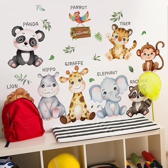 Large Safari Animals Educational Wall Decals Jungle Animals Wall Stickers Lion Panda Giraffe Monkey Tiger Wall Decor Murals for Nursery Kids Room Playroom