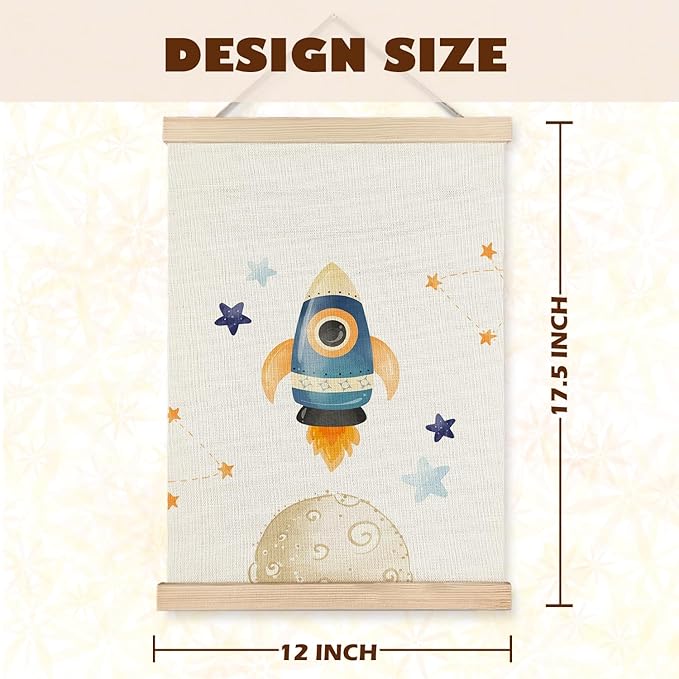 LUVADIAN Space Wall Decor, Nursery Decor Wall Art With Wooden Poster Hanger, Spaces Themed Bedroom Decor, Space Wall Decor for Toddler Boys Bedroom Nursery Playroom Classroom, 12x16 Inch Set of 2