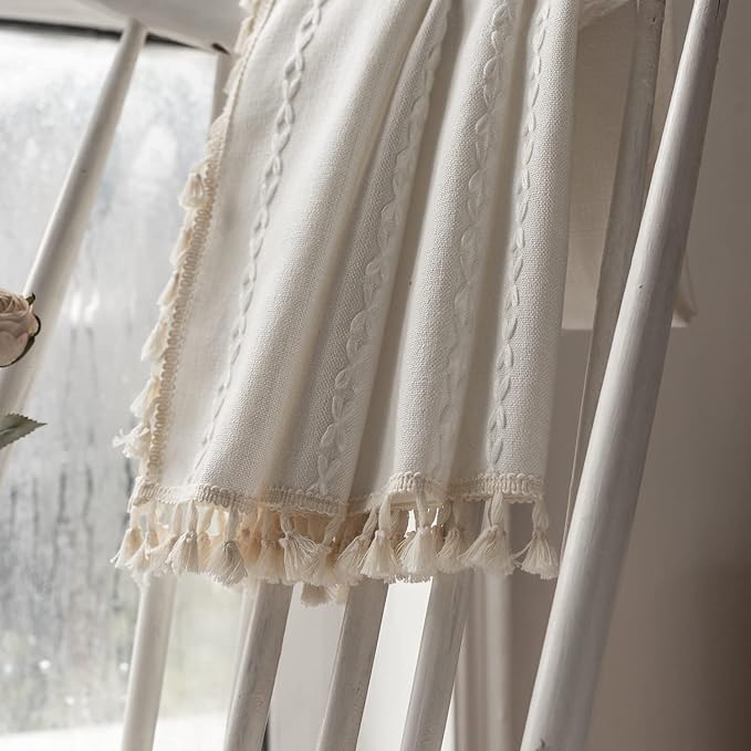 Deeprove White Boho Curtains 72 inches Long with Tassel for Bedroom Living Room, Bohemian Moroccan Sheer Embroidery Rustic Farmhouse Cotton Linen French Country Window Drape, W52 x L72, 1 Panel