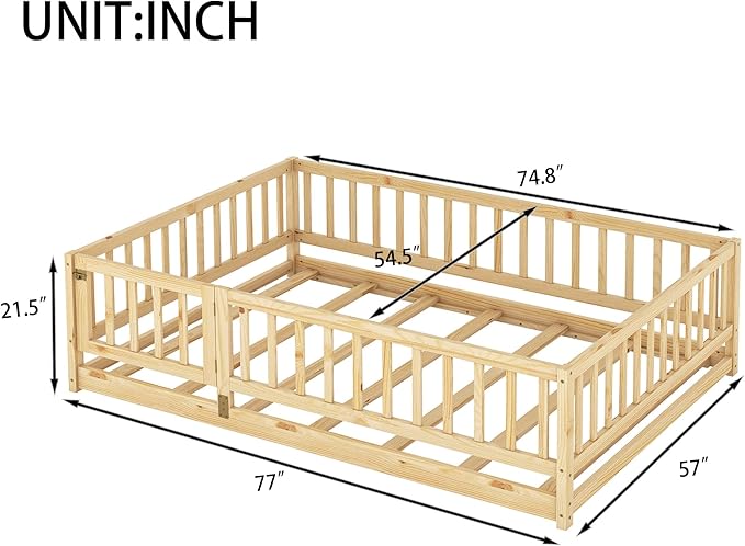 Full Size Floor Bed Frame with Door and Slats,Montessori Floor Bed with Safety Guardrails for Girls Boys,Solid Wood Kids Montessori Bed Full Size,Natural