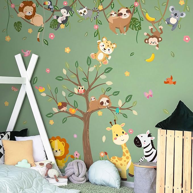 Large Jungle Safari Wall Decals 62.59”x90.94” Animals Climbing Trees Removable Peel and Stick Wall Art for Nursery Kids Room Playroom Decor