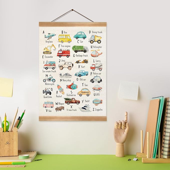 Car Alphabet Learning Poster Set of 1, Children's Room Wall Art, ABC Banner Poster, Letter Banner Wall Hanging Decor for Toddler Room Playroom Nursery Wall Classroom Decor 12x16inch(Car alphabet)