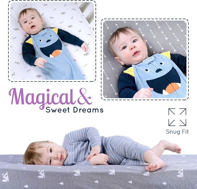 Fitted Unisex Crib Sheets (3 Pack) by GROW WILD - Jersey Knit Cotton Crib Sheets for Boys or Girls, 52” x 28” x 9” Crib Bedding Set (Woodland Gray and White)