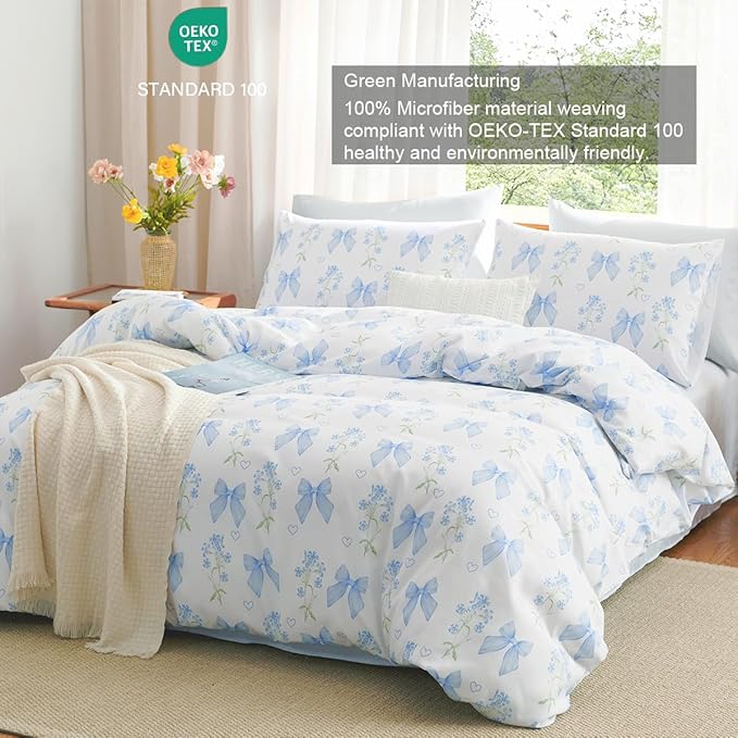 Blue Bow Duvet Cover King 3Pcs Girls Floral Duvet Cover Set, Cute Romantic Princess Style Bowknot Bedding Set Soft Microfiber Garden Flower Bedding with 2 Pillowcases(No Comforter)