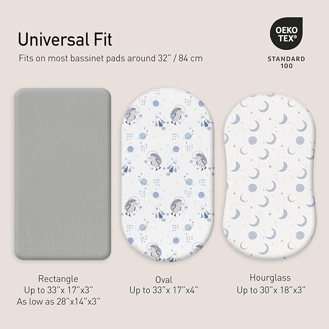Gllquen Baby Muslin Bassinet Sheets 3 Pack, Breathable Elastic Cozy Fitted Cotton Bassinet Mattress Sheet for Baby Boy Girls, Fit for Hourglass Oval Rectangular Cradle Pad Sheets 33"x17" (Space)