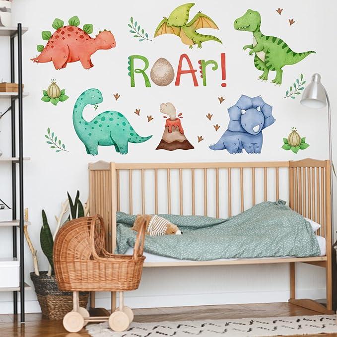 Mfault Watercolor Dinosaur Roar Wall Decals Stickers, Peel Stick Dino Stegosaurus Volcano Nursery Decorations Baby Boys Girls Bedroom Playroom Art, Neutral Tyrannosaurus Rex Kids Classroom Room Decor