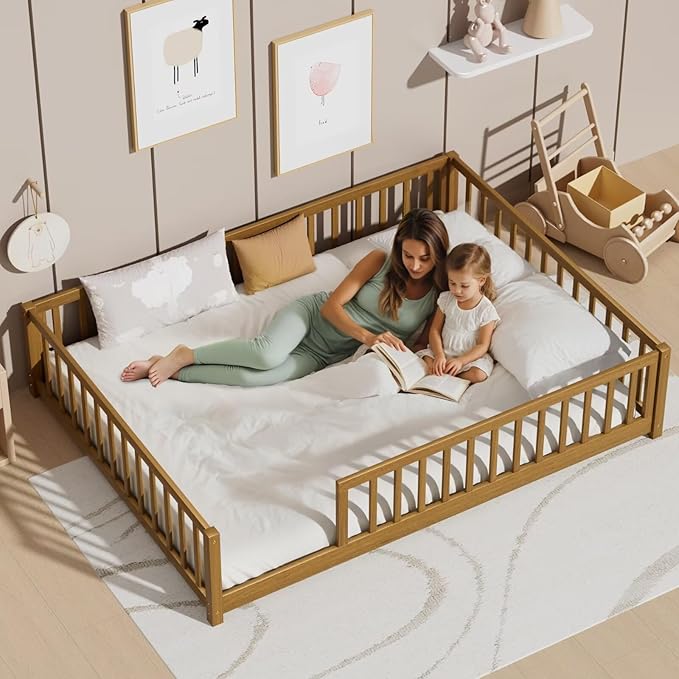 LLS Full Floor Bed for Kids Toddlers, Solid Wood Multifunctional Montessori Bed Frame with Safety Guardrails, Without Door, Easy Assemble,Light Espresso