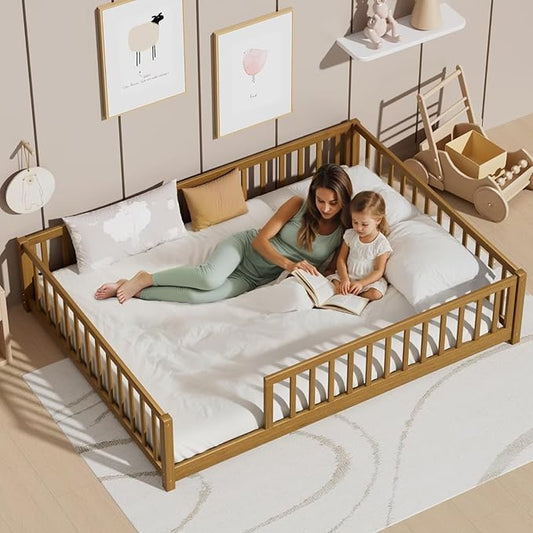 LLS Full Floor Bed for Kids Toddlers, Solid Wood Multifunctional Montessori Bed Frame with Safety Guardrails, Without Door, Easy Assemble,Light Espresso