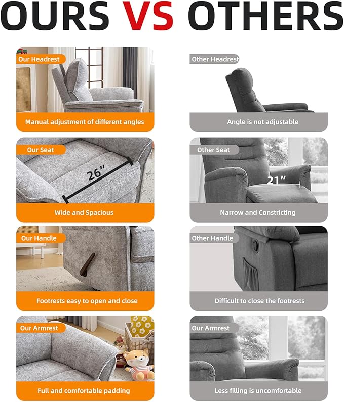 Oversized Glider Rocker Recliner, 26" Extra Wide 360° Swivel Nursery Recliner with Adjustable Headrest, Chenille Rocking Nursery Chair with Overstuffed Armrest, Lumbar Support, Light Grey