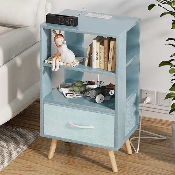 Night Stand with Charging Station, Blue Kids Nightstand with Drawer, 3-Tier Nursery Bedside Table with USB Ports and Outlets, End Table for Small Space, Living Room, Bedroom