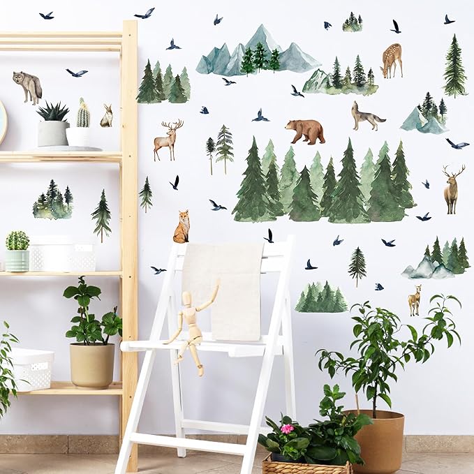 Mountain Tree Wall Decals Watercolor Pine Tree Wall Decals Large Woodland Wall Stickers Forest Flying Birds Deer Fox Bear Animal Wall Stickers for Nursery Kids Room Bedroom Decor