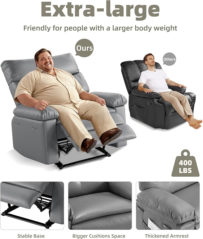 GarveeHome Oversized Wide Recliner Chair - Heat and Massage, PU Leather Extra Wide Manual Recliner for Adults, Large Lazy Chair with 1.5X Sponge Comfort Arm and Back for Living Room, Bedroom
