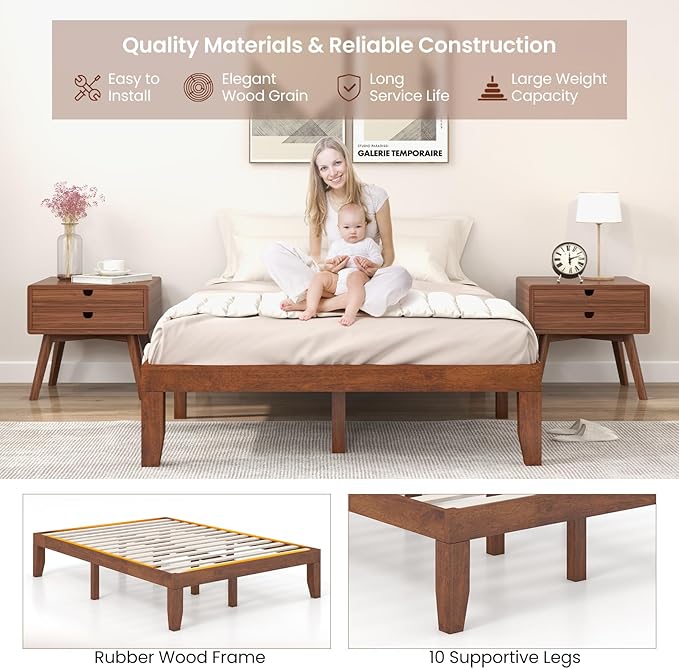 KOMFOTT 14 Inches Wood Platform Bed Frame Full Size, Wooden Mattress Foundation with Rubber Wood Frame, Strong Wooden Slat Support, No Box Spring Needed, Bed Frame (Brown Cherry)