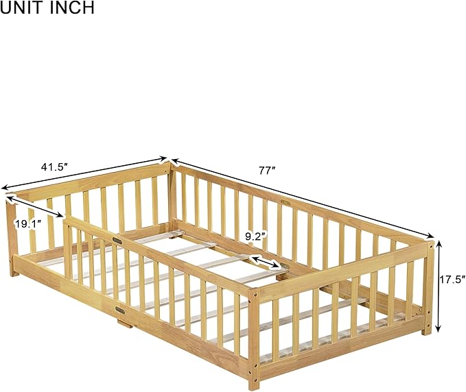 Twin Size Floor Bed for Kids, Wood Montessori Floor Beds with Fence Railings and Slats Support, Twin Playhouse Bed Frame for Boys Girls, No Box Spring Needed, Natural
