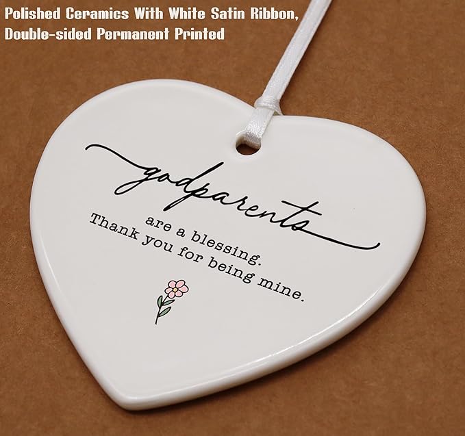 Heart Shaped Christmas Ornament-First Time Godparents Gift-Promoted to Godmother Godfather Pregnancy Announcement Christening Baptism Present-Religious Keepsake Ornament