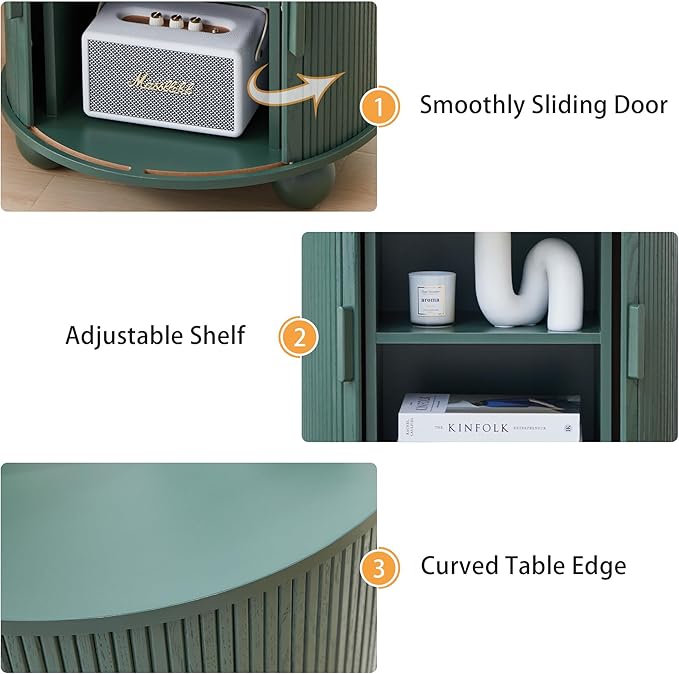 AVZEAR 24" Large Round End Table with Charging Station, Farmhouse Fluted Sofa Side Table with Sliding Tambour Door & Storage, Mid-Century Wood Nightstand for Living Room, Bedroom, Green
