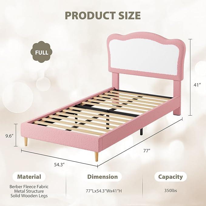 GarveeHome Full Bed Frames for Kids with Soft headboard, Velvet Low Bed Frame for Girls, Boys, No Box Spring Needed, Wooden Slats, Noise Free, Sturdy, Easy Assembly, Pink, White