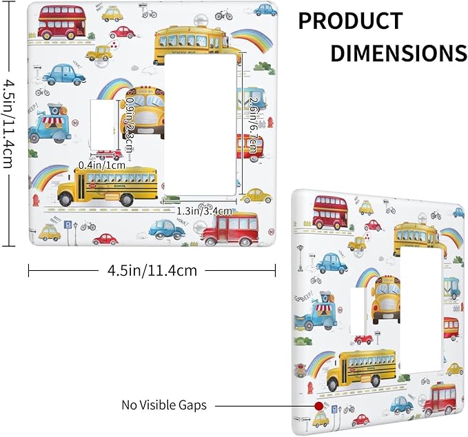 Kids Bus Taxi Truck 2 Gang Light Switch Covers Single Toggle Rocker Combo Wall Plate Electrical Faceplate Decorative Switchplate for Nursery Kidsroom Bedroom Decor