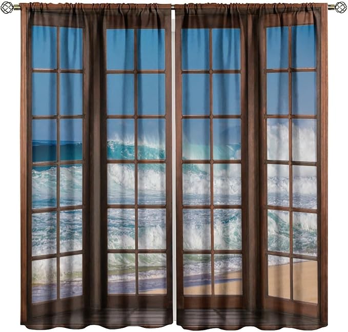Ocean Beach Curtains,Waves Crashed Beach Hawaiian Seaside Scene Pattern Blackout Print Home Bedroom Living Room Window Treatments 2 Panel Set 42x54 Inch