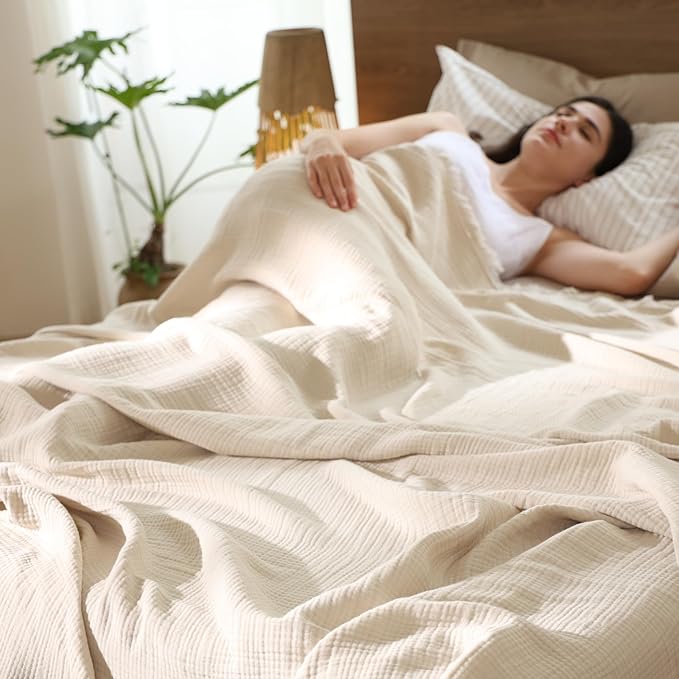 MooMee Muslin Blanket - 100% Cotton 4-Layer Gauze Throw Blanket with All-Around Fringe, Ultra-Soft Breathable Lightweight Cooling Decorative for Bed, Sofa & Couch (Beige,Super King 108" x 98")