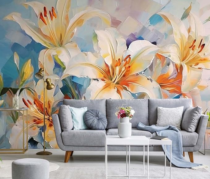 Floral Wallpaper Handmade Oil Painting Watercolor Art Lily Flower Wall Mural for Bedroom Living Room (Not Self-Adhesive)