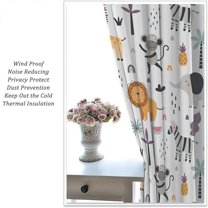 Cute Cartoon Animals Curtains Tropical Jungle Animals Elephant Giraffe Monkey Lion Modern Abstract Aesthetics for Kids Boys Bedroom Nursery Rod Pocket Decoration Window Drapes 2 Panels W36xL63in