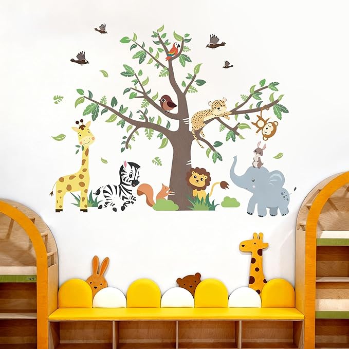 Jungle Animals Wall Decals Removable Peel and Stick Window Clings 2-Sheet Set with Elephant, Lion Giraffe Design for Kids Room, Nursery Classroom Decor