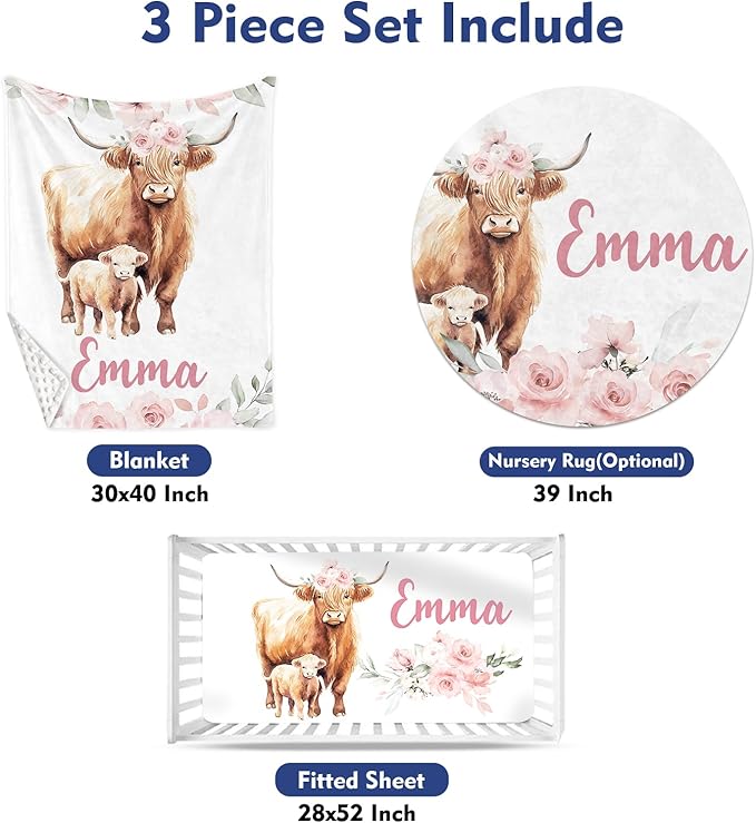 Custom Baby Crib Bedding Set - Pink Highland Cow Design Personalized Name Baby Nursery Bedding 3 Pcs Set - Chic Soft Blanket, Fitted Sheet, Room Rug for Newborns Boys Girls Gifts