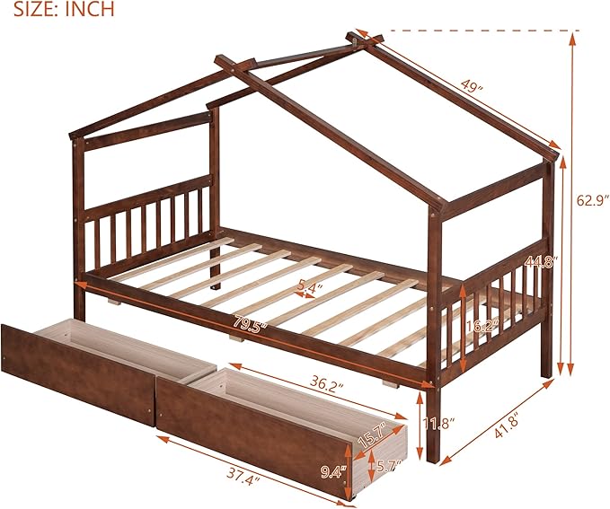 Merax Twin Size Wooden House Bed with Two Drawers, Wood Bed Frame with Roof for Kids, Teens, Boys or Girls, Walnut