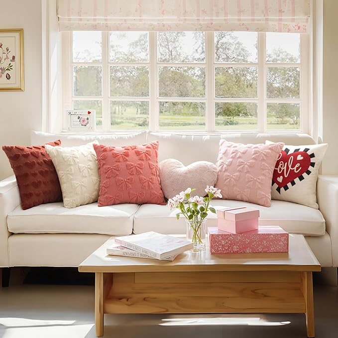 MIULEE Coral Red Bow Pillow Covers Coquette Room Decor Aesthetic Set of 2 Decorative Cute Girl Throw Pillow Soft Plush Faux Pillowcase for Girl Bed Couch Sofa,18x18 Inch
