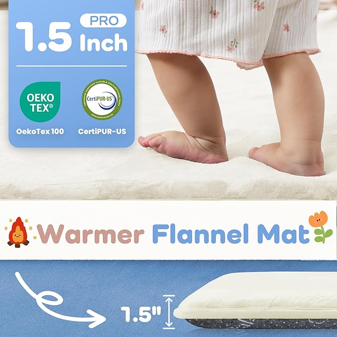 1.5" Thick Baby Play Mat for Floor, 50x50 Playpen Mat, Pro Soft Flannel Foam Mats Toddler Infant Kids Crawling for Nursery Rug Playroom Living Room Waterproof Easy Care Non-Slip (Cream)