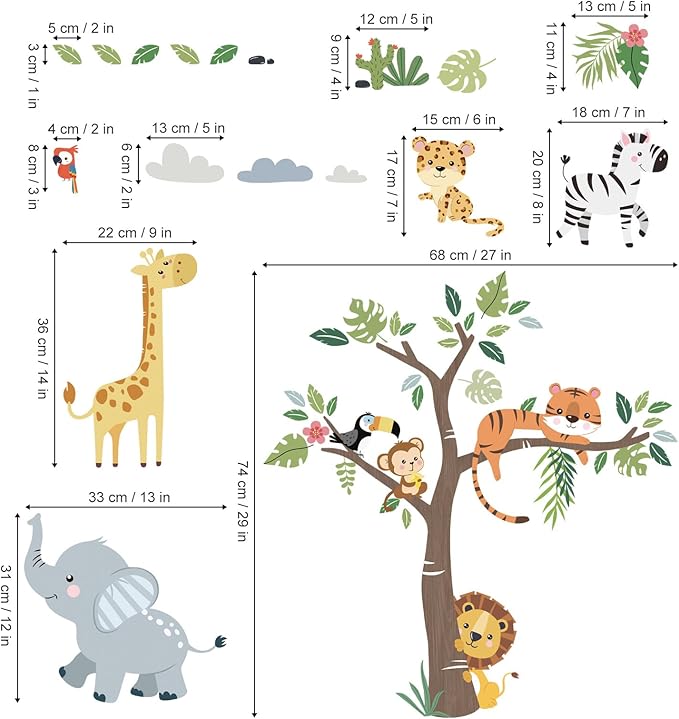 decalmile 2 Packs of Jungle Animals Tree Wall Decals Monkey Elephant Giraffe Lion Safari Wall Stickers Kids Room Baby Nursery Bedroom Wall Decor