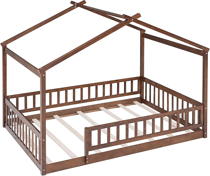 Merax Full Size Wooden House Bed with Fence, Wood Bed Frame with Roof and Safety Guardrail for Kids, Teens, Boys or Girls, Walnut